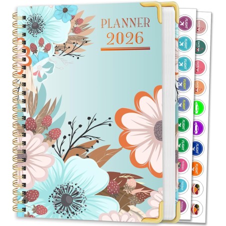 Agenda Calendrier 2026 – Semainier & Mensuel Relié 15,8×21,7 cm, Design Floral, Organisateur avec Onglets, Notes et Autocollants