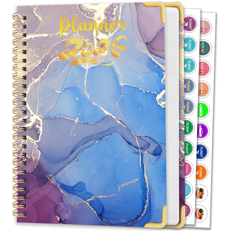 Agenda Calendrier 2026 – Semainier & Mensuel Relié 15,8×21,7 cm, Design Floral, Organisateur avec Onglets, Notes et Autocollants