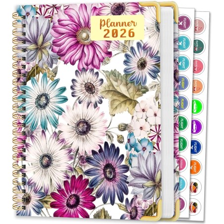 Agenda Calendrier 2026 – Semainier & Mensuel Relié 15,8×21,7 cm, Design Floral, Organisateur avec Onglets, Notes et Autocollants