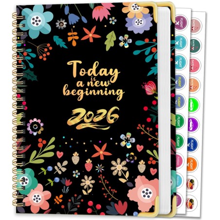 Agenda Calendrier 2026 – Semainier & Mensuel Relié 15,8×21,7 cm, Design Floral, Organisateur avec Onglets, Notes et Autocollants