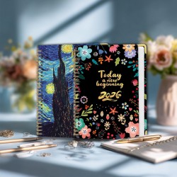 Agenda Calendrier 2026 – Semainier & Mensuel Relié 15,8×21,7 cm, Design Floral, Organisateur avec Onglets, Notes et Autocollants