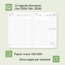Agenda semainier 2026, format A4 28,6 x 21 cm, calendrier à livres sur 12 mois (D'Jan 2026 à Déc 2026-12 Mois), Couverture rigid