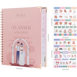JUNART Beau planificateur et organisateur de mariage, 28 x 24 cm, planificateur de mariage rose détaillé avec autocollants, cade