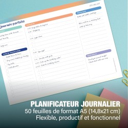 Agenda journalier A5 – 50 feuilles détachables non datées | Organiseur avec priorités, liste de choses à faire, calendrier, note