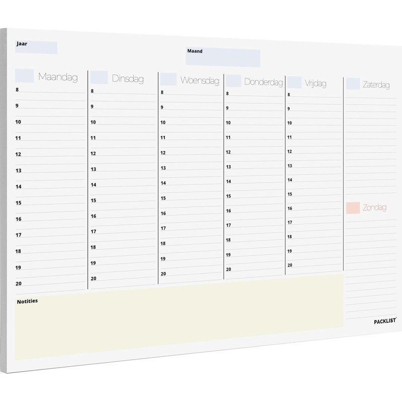 Agenda hebdomadaire PACKLIST sans date. Organisateur de semaine A4 avec Uren, Wekelijkse Bureauplanning - Agendas, agendas et ca