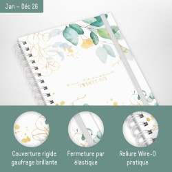 Häfft® Calendrier international 2026 A5 "Feuille d´or" avec reliure spirale en langues : EN/FR/IT/ES - agenda personnel, timer, 