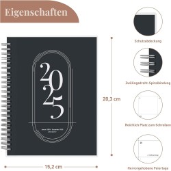 Rileys & Co 2025 Planificateur - Agenda Mensuel et Hebdomadaire, Couverture Flexible, Reliure à Double Spirale, Pages de Notes, 