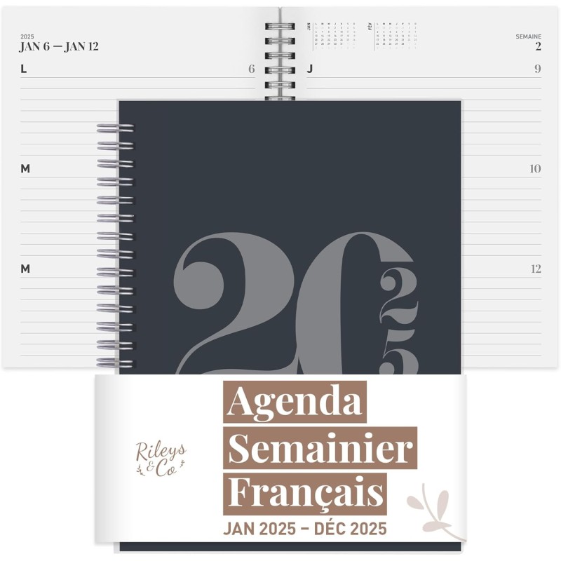 Rileys & Co Planificateur - Agenda Mensuel et Hebdomadaire, Couverture Flexible, Reliure à Double Spirale, Pages de Notes | Cale