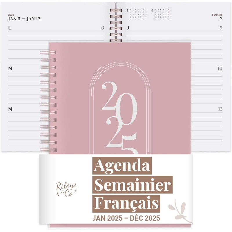 Rileys & Co 2025 Planificateur - Agenda Mensuel et Hebdomadaire, Couverture Flexible, Reliure à Double Spirale, Pages de Notes, 