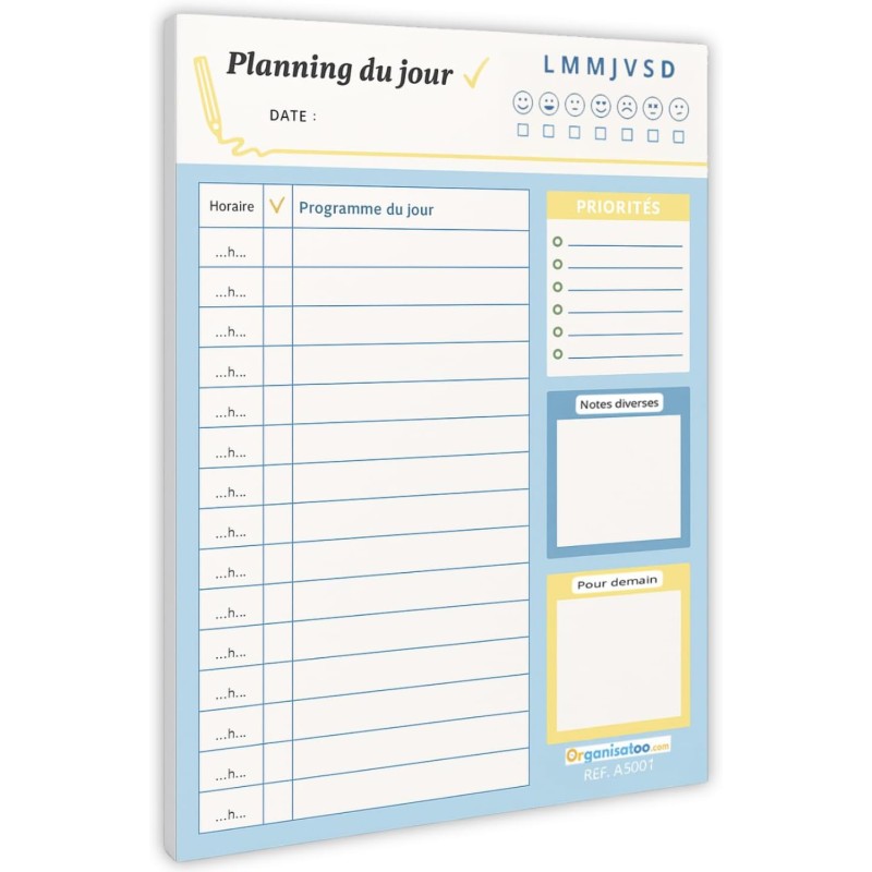 Bloc planning du jour français 50 pages - planificateur journalier par heure - Bloc note A5 papier activités et tâches journée. 