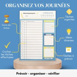 Bloc planning du jour français 50 pages - planificateur journalier par heure - Bloc note A5 papier activités et tâches journée. 