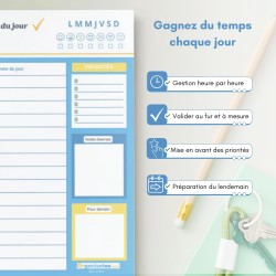 Bloc planning du jour français 50 pages - planificateur journalier par heure - Bloc note A5 papier activités et tâches journée. 