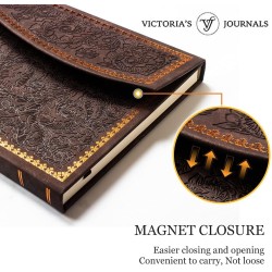 VICTORIA'S JOURNALS Journal magnétique, carnet vintage sculpté en similicuir avec couverture rigide, pages lignées, ruban marque