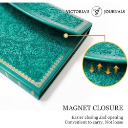VICTORIA'S JOURNALS Journal magnétique, carnet vintage sculpté en similicuir avec couverture rigide, pages lignées, ruban marque