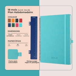 Agenda semainier 2025 2026, format A4 (29 x 21,7 cm), calendrier à livres sur 18 mois (juillet 2025 à décembre 2026), classeur à