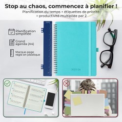 Agenda semainier 2025 2026, format A4 (29 x 21,7 cm), calendrier à livres sur 18 mois (juillet 2025 à décembre 2026), classeur à