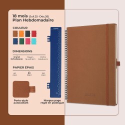 Agenda semainier 2025 2026, format A4 (29 x 21,7 cm), calendrier à livres sur 18 mois (juillet 2025 à décembre 2026), classeur à