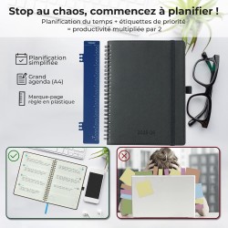 Agenda semainier 2025 2026, format A4 (29 x 21,7 cm), calendrier à livres sur 18 mois (juillet 2025 à décembre 2026), classeur à