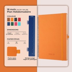 Agenda semainier 2025 2026, format A4 (29 x 21,7 cm), calendrier à livres sur 18 mois (juillet 2025 à décembre 2026), classeur à