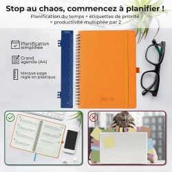 Agenda semainier 2025 2026, format A4 (29 x 21,7 cm), calendrier à livres sur 18 mois (juillet 2025 à décembre 2026), classeur à
