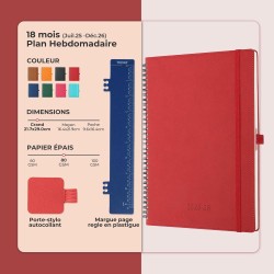 Agenda semainier 2025 2026, format A4 (29 x 21,7 cm), calendrier à livres sur 18 mois (juillet 2025 à décembre 2026), classeur à