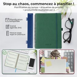 Agenda semainier 2025 2026, format A4 (29 x 21,7 cm), calendrier à livres sur 18 mois (juillet 2025 à décembre 2026), classeur à
