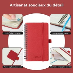 Agenda semainier 2025 2026, format A6 (16,6 x 9,7 cm), calendrier à livres sur 18 mois (juillet 2025 à décembre 2026), classeur 