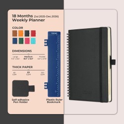 Agenda semainier 2025 2026, format A5 (21,9 x 16,4 cm), calendrier livre de 18 mois (juillet 2025 à décembre 2026), classeur à a