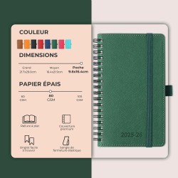 Agenda semainier 2025 2026, format A6 (16,6 x 9,7 cm), calendrier à livres sur 18 mois (juillet 2025 à décembre 2026), classeur 