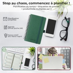 Agenda semainier 2025 2026, format A6 (16,6 x 9,7 cm), calendrier à livres sur 18 mois (juillet 2025 à décembre 2026), classeur 