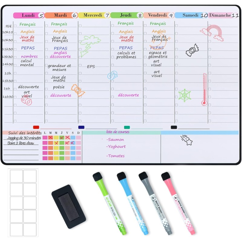 POPRUN Planning Semaine magnetique emploi du temps,Tableau Semainier Organisateur Frigo effaçable,idéal pour Planification des T