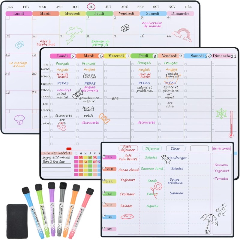 POPRUN Planning Semaine magnetique emploi du temps,Semainier Organisateur Frigo,Calendrier Tableau blanc Menu Planning,Planifica