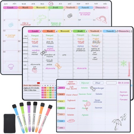 POPRUN Planning Semaine magnetique emploi du temps,Semainier Organisateur Frigo,Calendrier Tableau blanc Menu Planning,Planifica