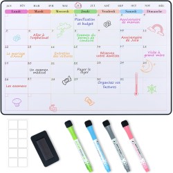 POPRUN Calendrier magnetique Tableau blanc Planning frigo,Organisation Familiale,Planificateur Mensuel/Semainer effaçable parfai