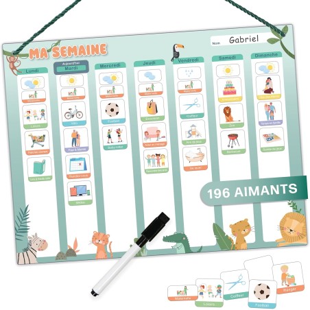 Planning semaine pour enfants - Tableau magnétique Montessori au design mignon avec 200 aimants & un stylo - Jeux éducatifs à pa