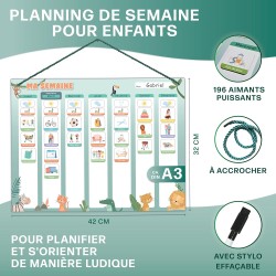 Planning semaine pour enfants - Tableau magnétique Montessori au design mignon avec 200 aimants & un stylo - Jeux éducatifs à pa
