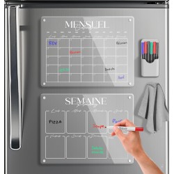 Calendrier Magnetique Frigo Transparent x2 + Accessoires - Planificateur Hebdomadaire + Mensuel Aimanté Planning Semaine Tableau