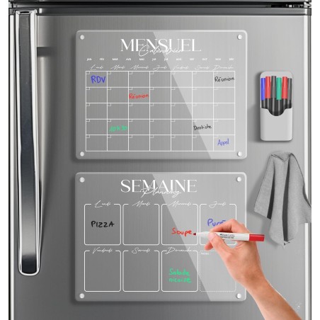 Calendrier Magnetique Frigo Transparent x2 + Accessoires - Planificateur Hebdomadaire + Mensuel Aimanté Planning Semaine Tableau