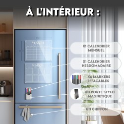 Calendrier Magnetique Frigo Transparent x2 + Accessoires - Planificateur Hebdomadaire + Mensuel Aimanté Planning Semaine Tableau