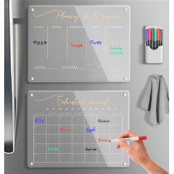 Calendrier Magnetique Frigo Transparent x2 + Accessoires - Planificateur Hebdomadaire + Mensuel Aimanté Planning Semaine Tableau