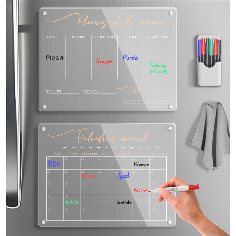 Calendrier Magnetique Frigo Transparent x2 + Accessoires - Planificateur Hebdomadaire + Mensuel Aimanté Planning Semaine Tableau