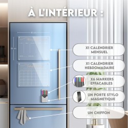 Calendrier Magnetique Frigo Transparent x2 + Accessoires - Planificateur Hebdomadaire + Mensuel Aimanté Planning Semaine Tableau