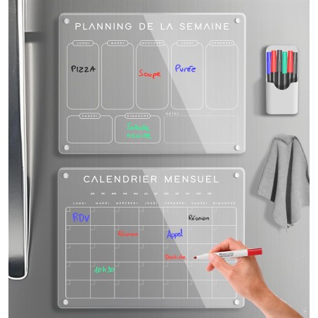 Calendrier Magnetique Frigo Transparent x2 + Accessoires - Planificateur Hebdomadaire + Mensuel Aimanté Planning Semaine Tableau