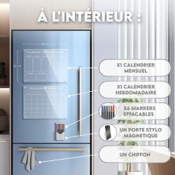 Calendrier Magnetique Frigo Transparent x2 + Accessoires - Planificateur Hebdomadaire + Mensuel Aimanté Planning Semaine Tableau