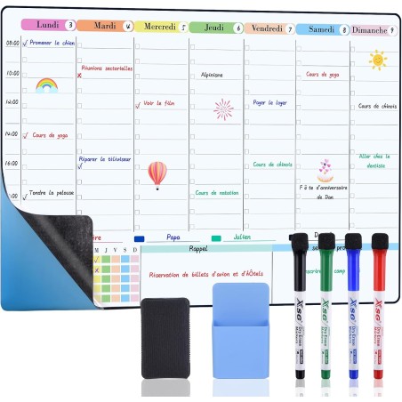 POPRUN 60x40 cm Calendrier Familial Adhesif Tableau Planning Semaine Mural, Planificateur Semainer Effaçable parfait pour Planif
