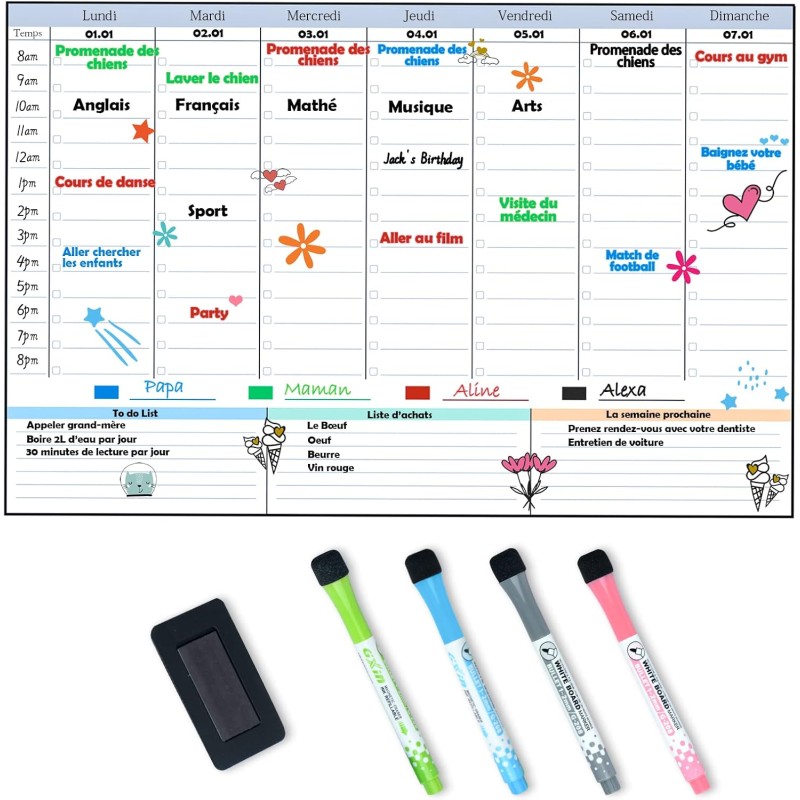 POPRUN Planning Semaine calendrier magnetique emploi du temps,Tableau Semainier Frigo effaçable,idéal pour Planification des Tâc
