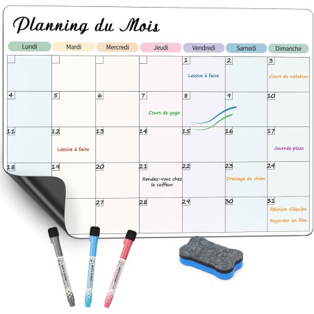 Planning Frigo Magnétique 42x30 cm – Semainier et Calendrier Mensuel Magnétique Frigo Effaçable – Organisation Familiale, Menus,