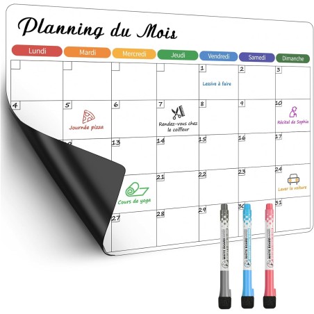 Planning Frigo Magnétique – Calendrier Mensuel Magnétique Frigo Effaçable pour Organisation Familiale, Menus, Rendez-vous et Tâc