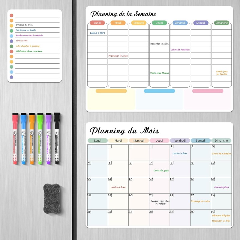 Semainier Magnétique pour Frigo - 3 Tableaux Effaçables (Mensuel, Hebdomadaire, Quotidien) - 42x30 cm - Planning Frigo Magnetiqu