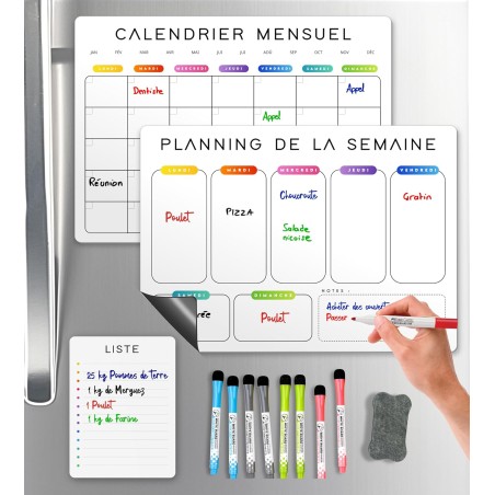 Calendrier Magnetique Frigo Blanc x3 + Accessoires - Planificateur Hebdomadaire + Mensuel + Mémo Aimanté Planning Semaine Tablea